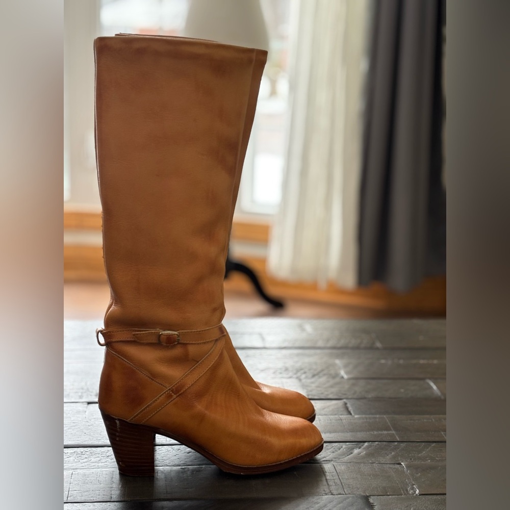 By Antima Vintage Cognac Leather Knee-High Riding Boot with Lambs Wool Lining W8